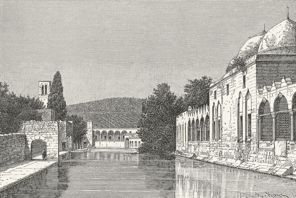 IRAQ. Orfa-Mosque & fountain of Abraham c1885 old antique print picture